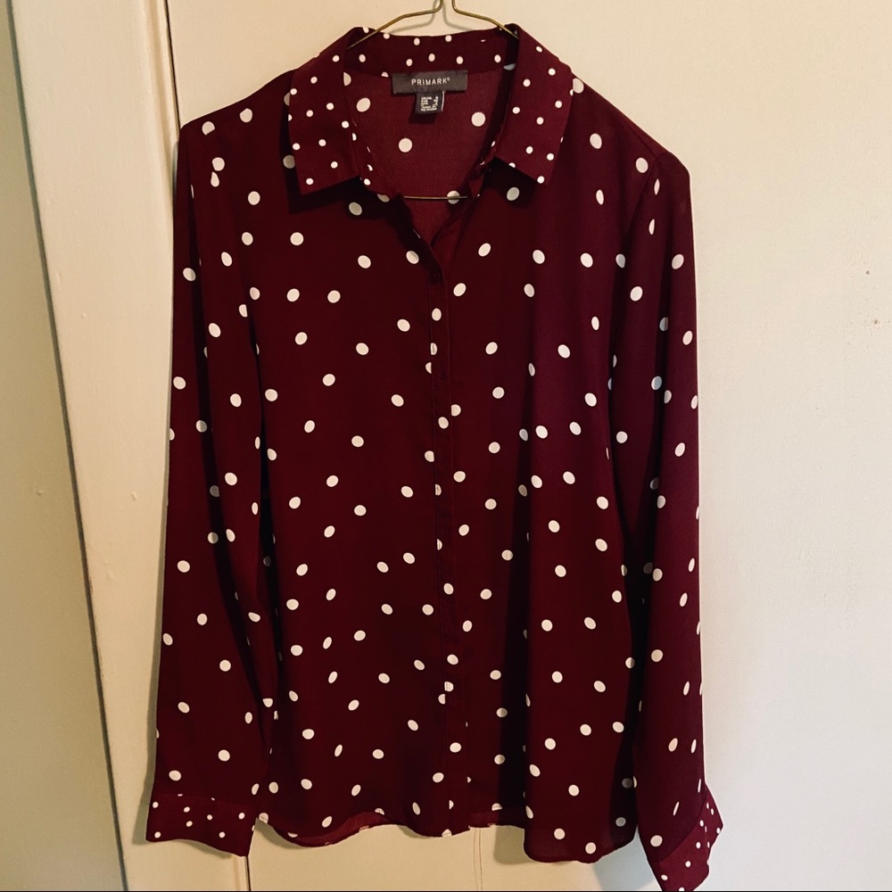 3 for $15! Maroon polka dot button down